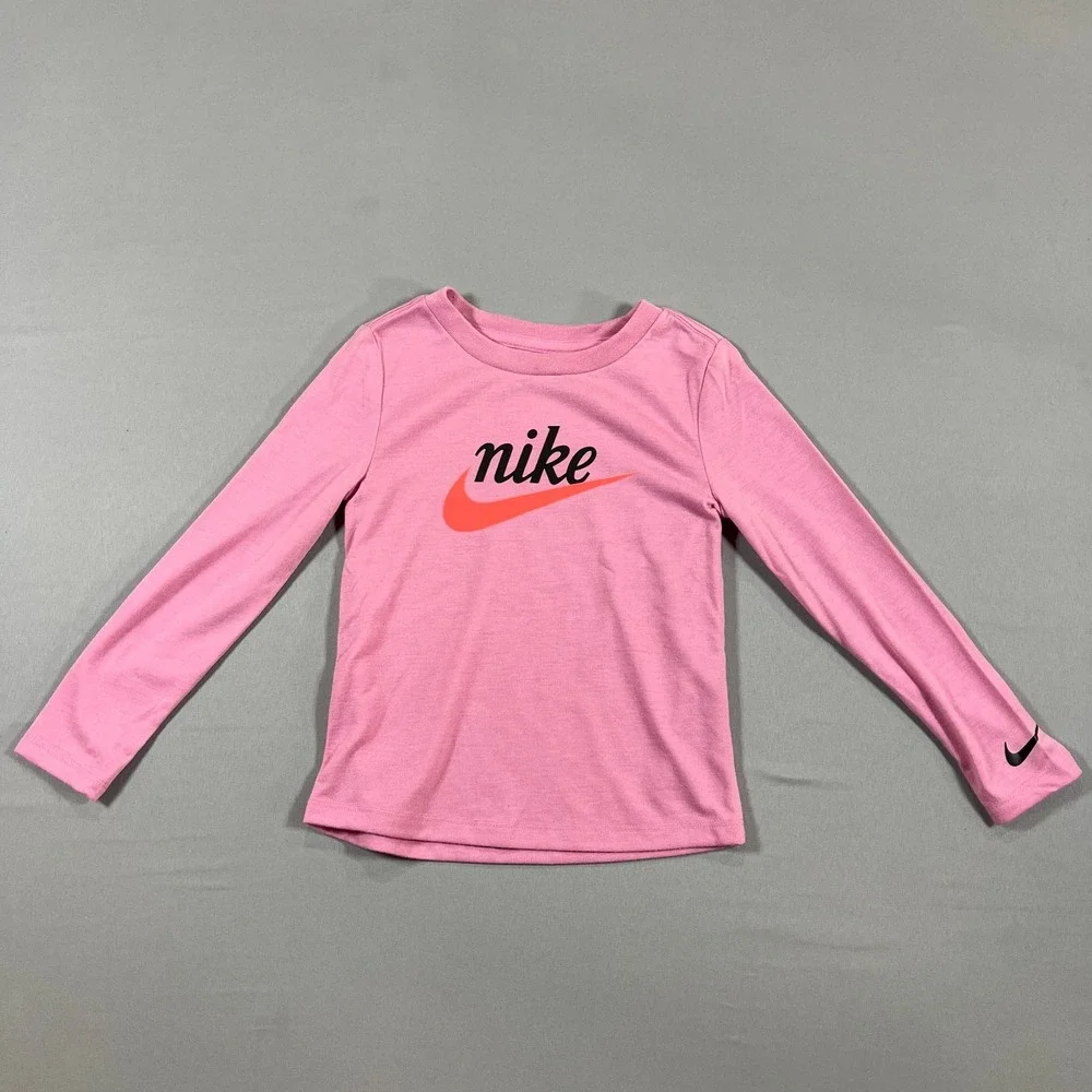 Nike Sportswear T-Shirt Girls 4T Pink Swoosh Logo Long Sleeve Crew Neck Pullover